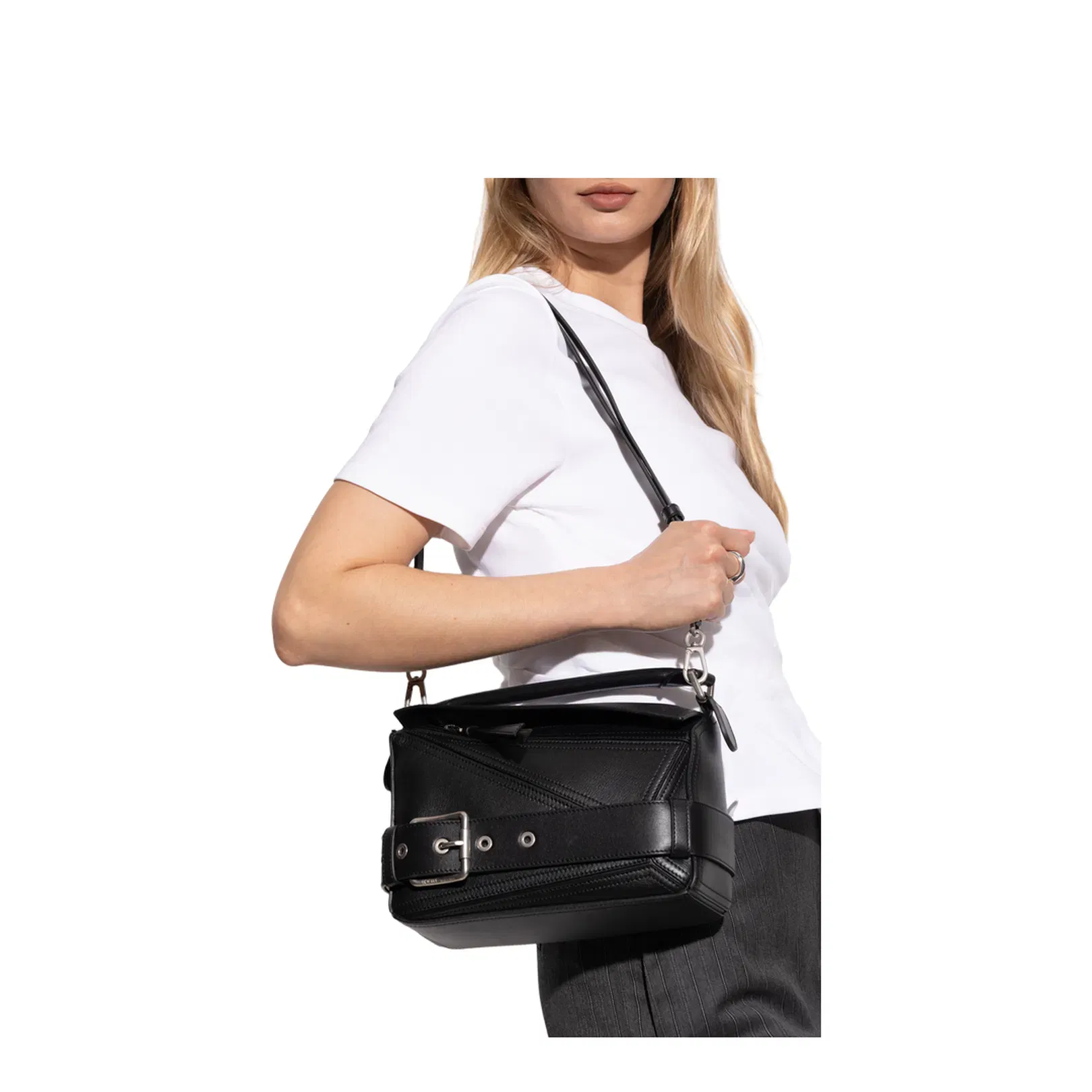 Puzzle Biker Small Leather Shoulder Bags - Black