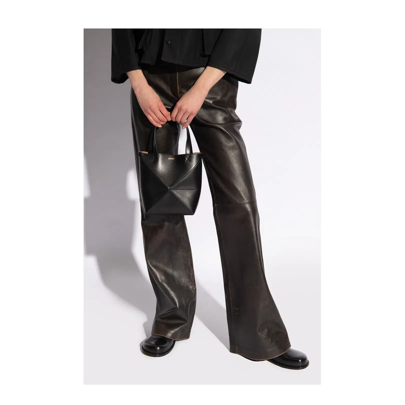 Puzzle Fold Mini Leather Tote Bags - Black