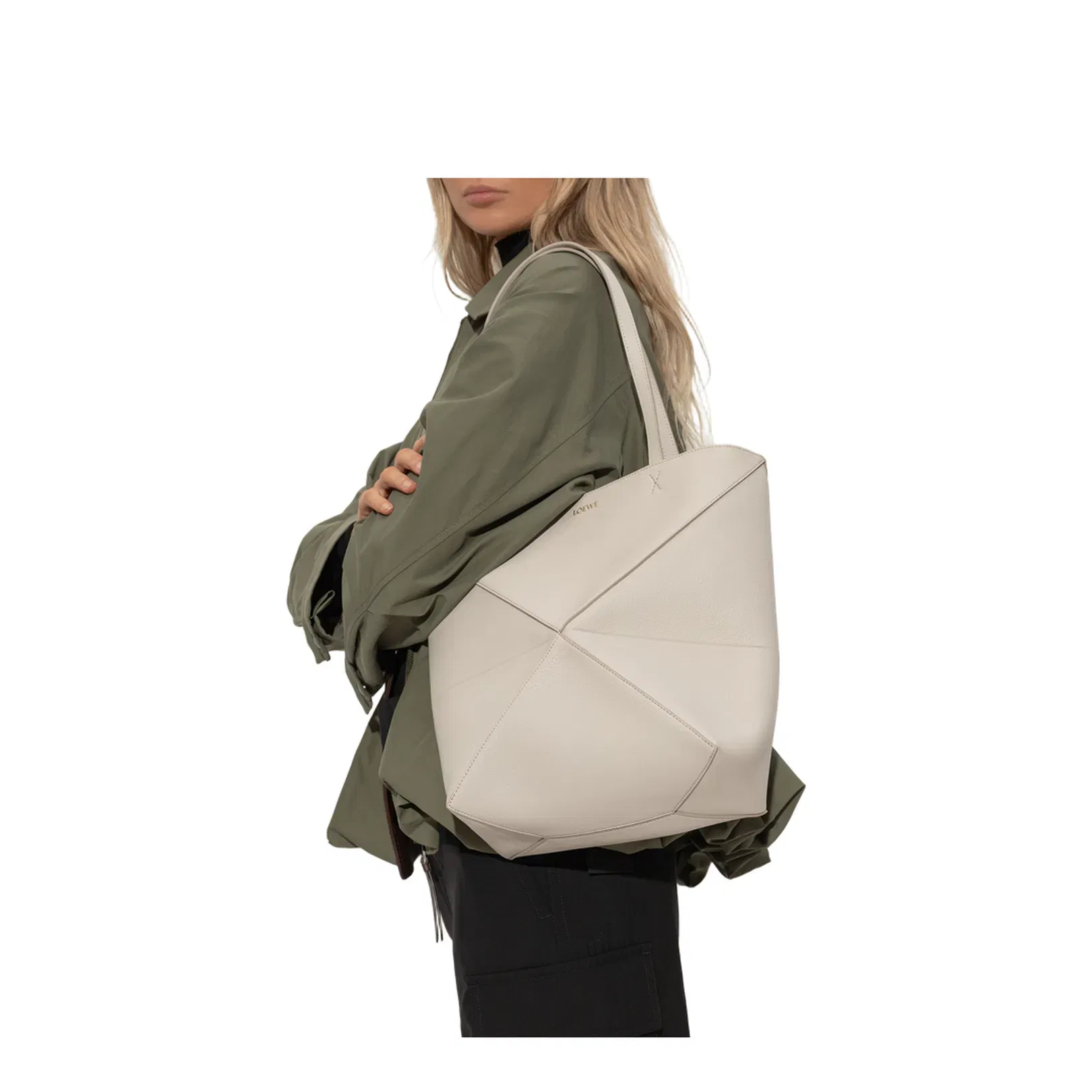 Puzzle Fold Medium Leather Tote Bags - Light Grey