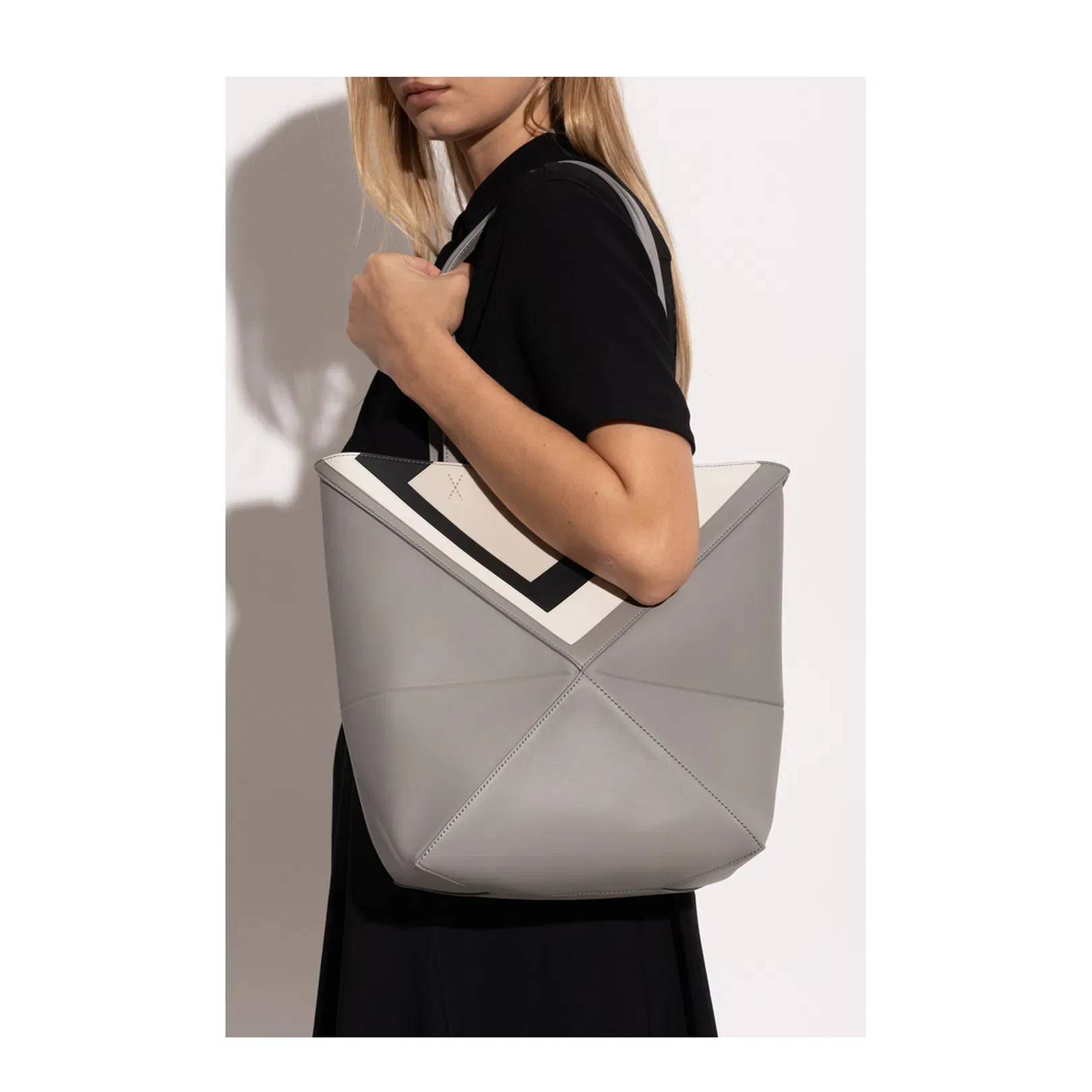 Puzzle Fold Medium Leather Tote Bags - Grey Light Ghost