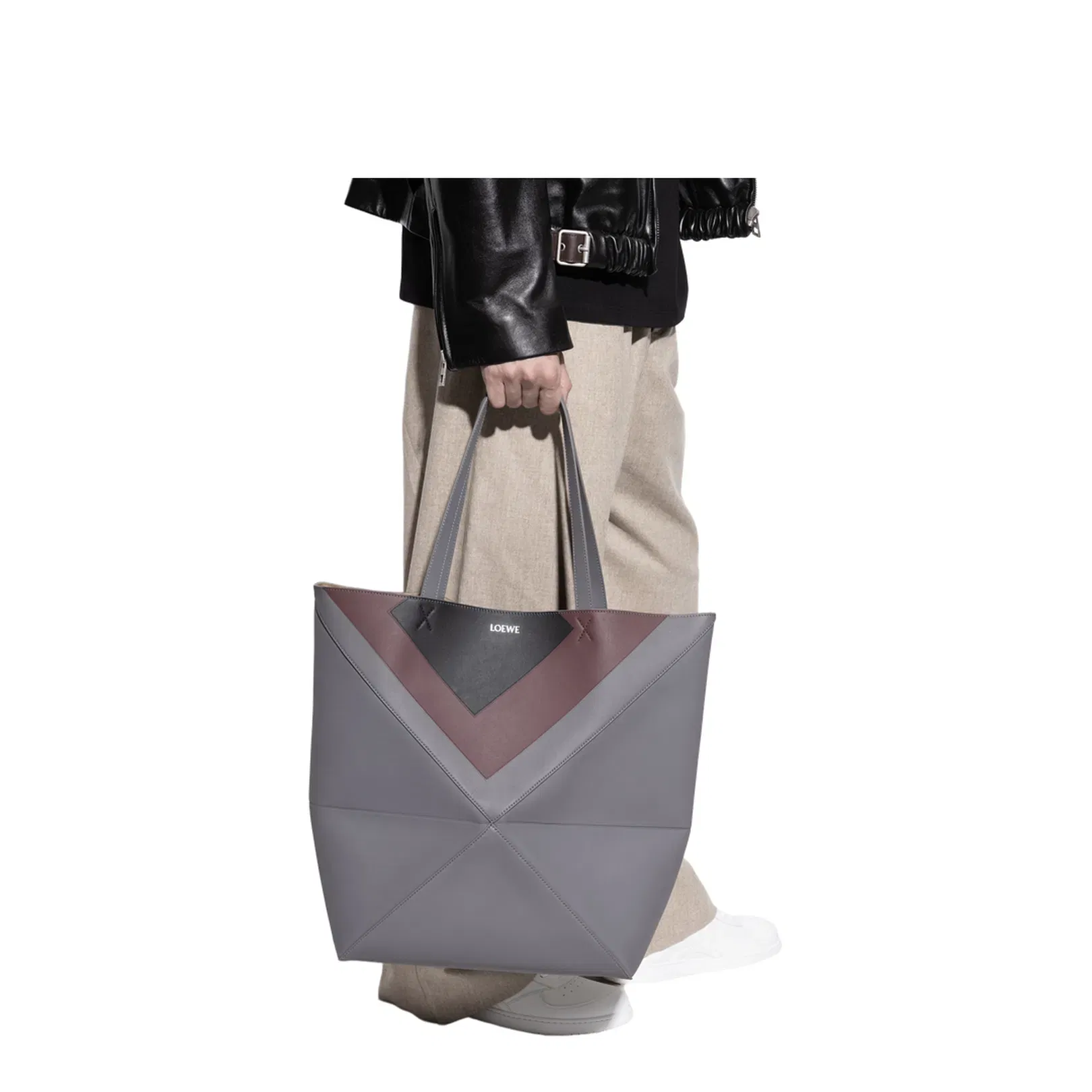 Puzzle Fold Leather Tote Bags - Ardesia/Deep Ruby