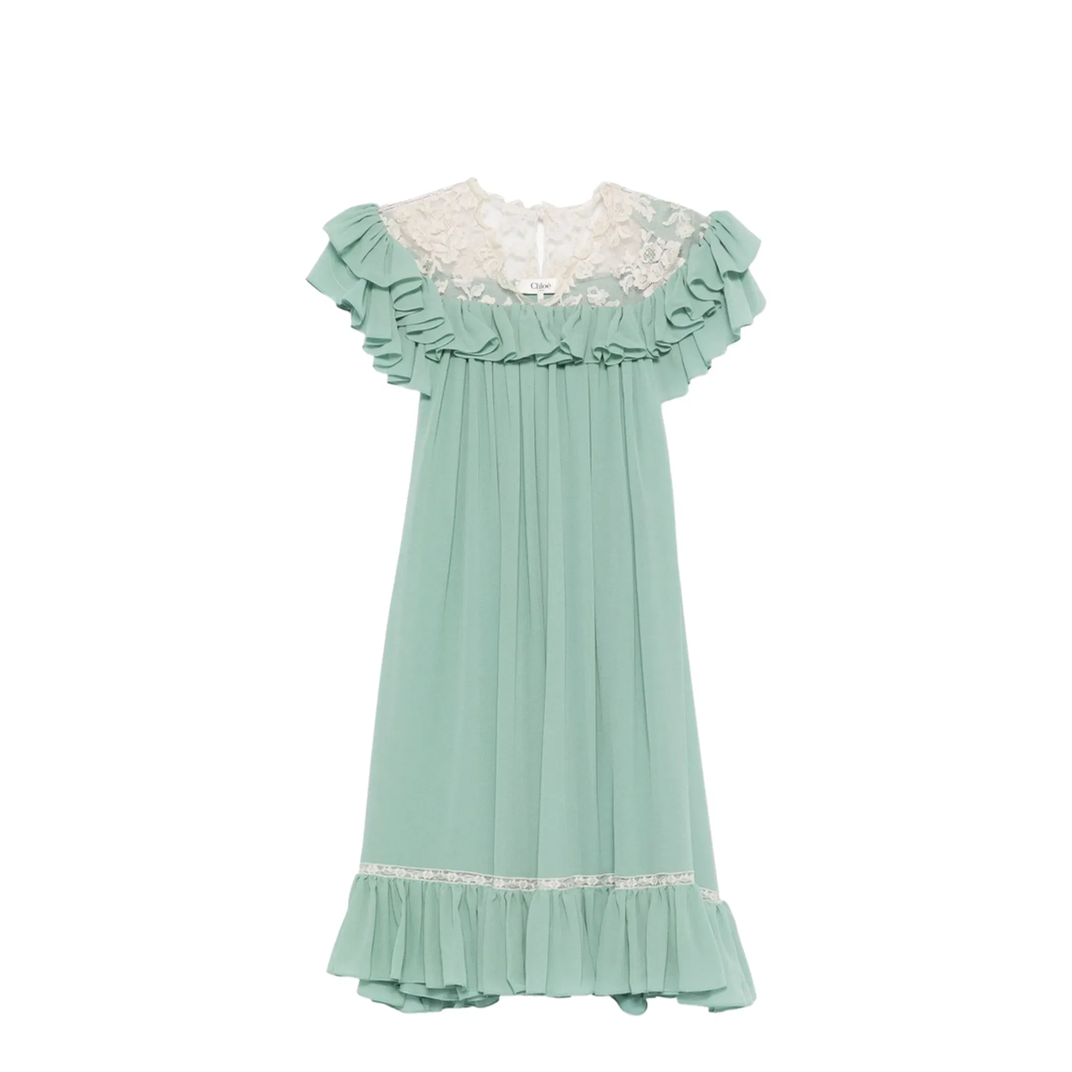 Shorts-sleeve mini dress in silk georgette & lace