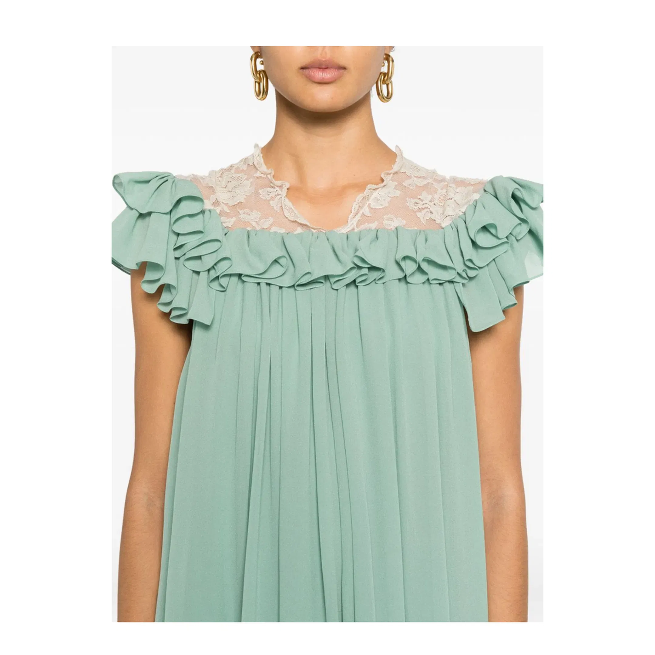 Shorts-sleeve mini dress in silk georgette & lace