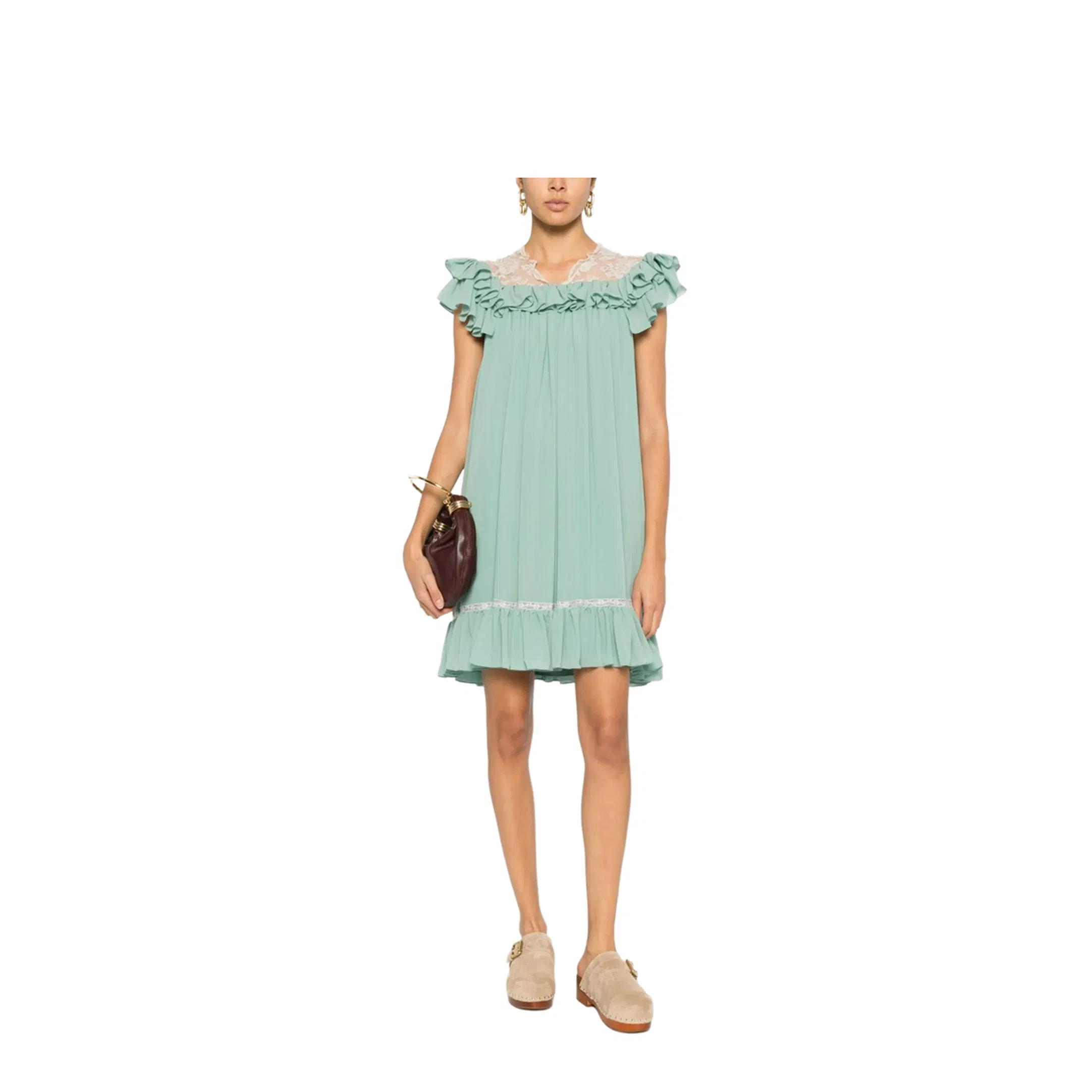 Shorts-sleeve mini dress in silk georgette & lace