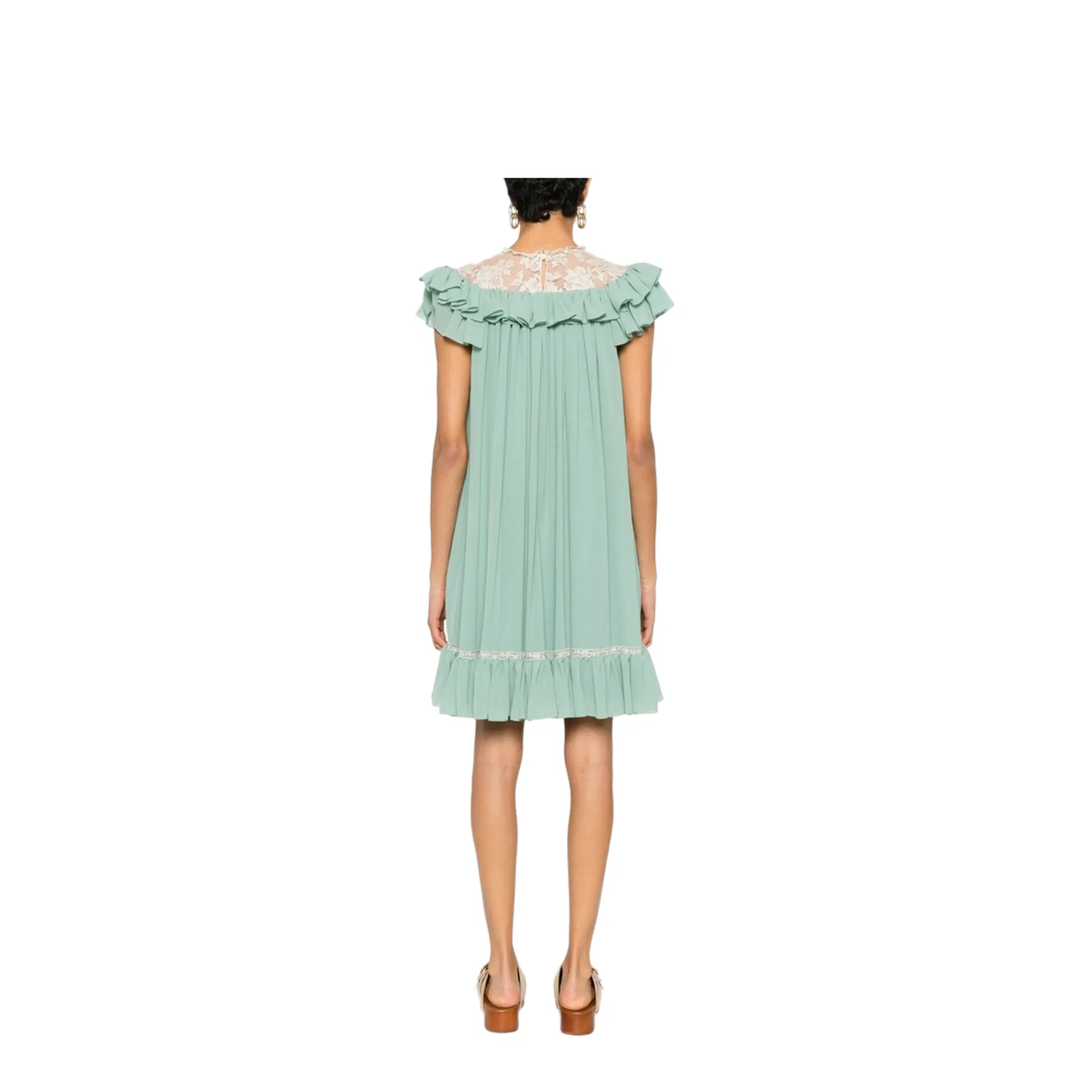 Shorts-sleeve mini dress in silk georgette & lace