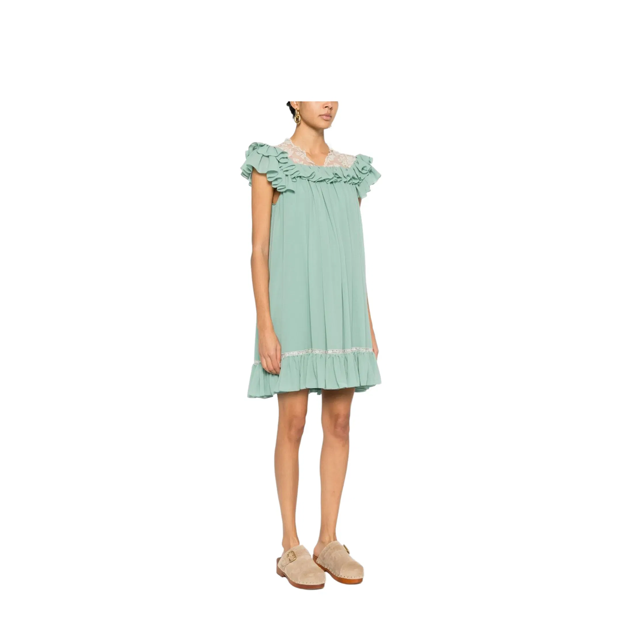 Shorts-sleeve mini dress in silk georgette & lace