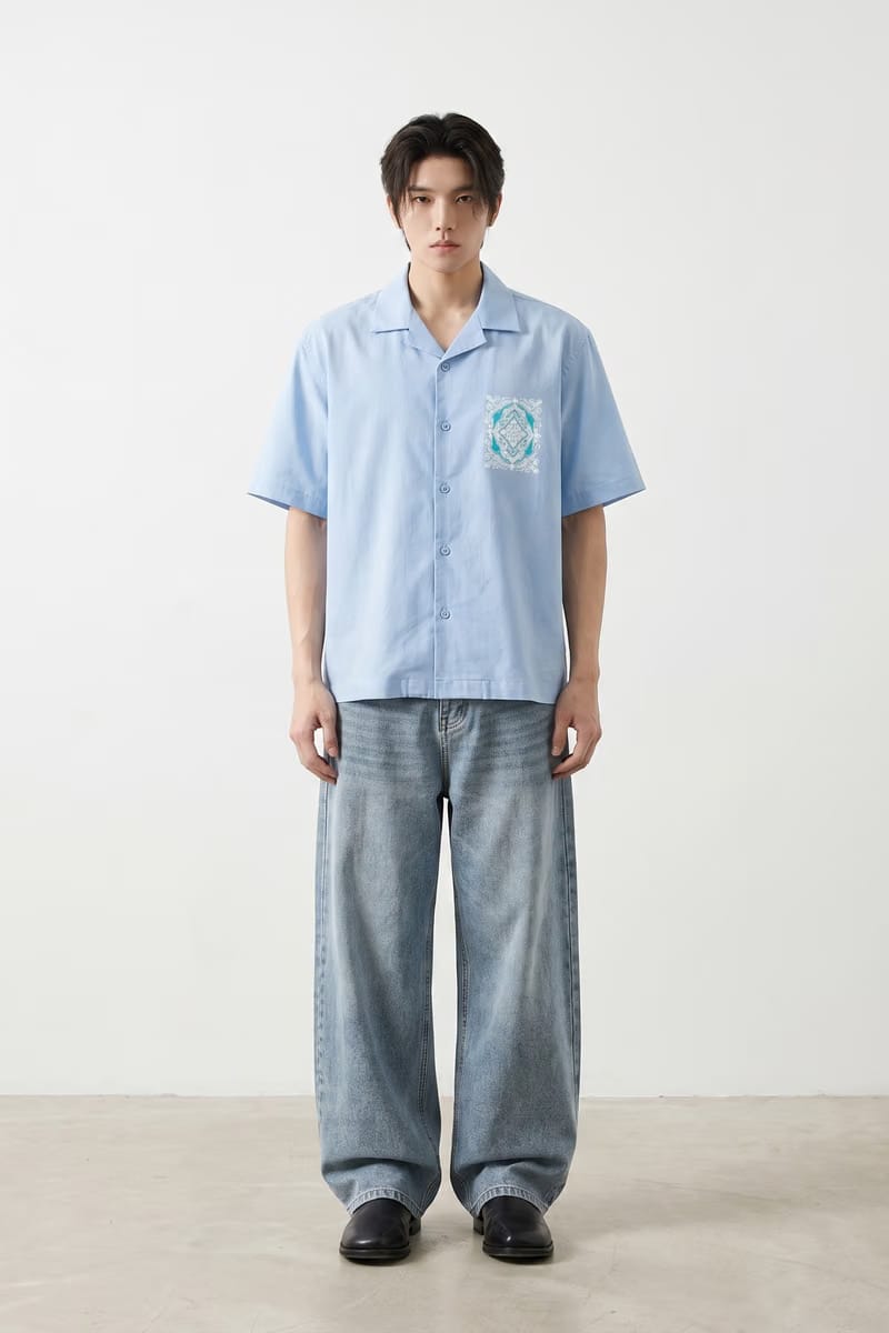 Voyd Ritual Print Ice Blue Bowling Shirt