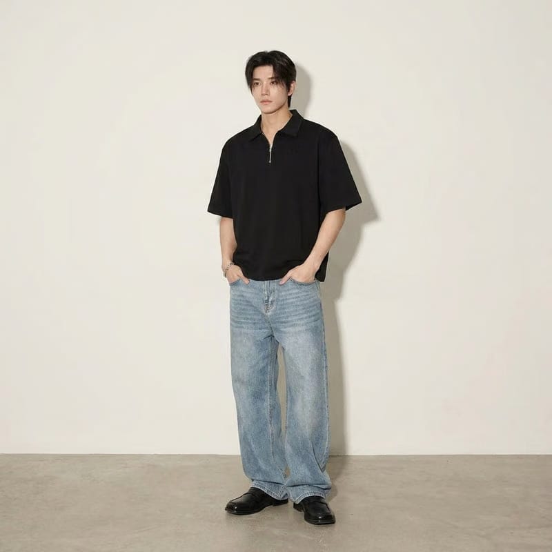 Be Autyst Raw Oversized Men Black Polo Quarter Zip T-Shirt