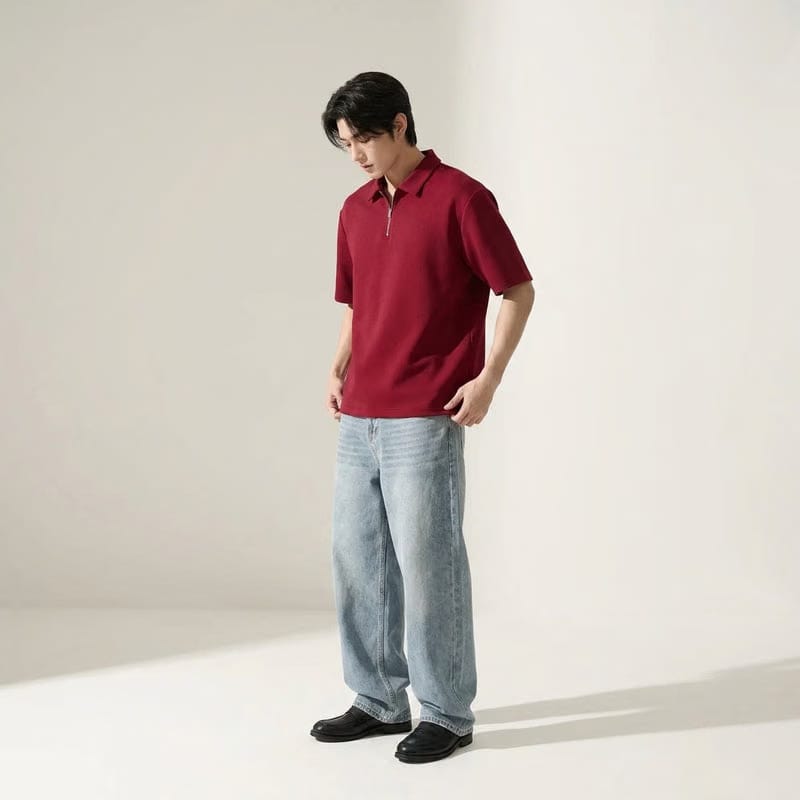 Be Autyst Raw Oversized Men Crimson Red Polo Quarter Zip T-Shirt