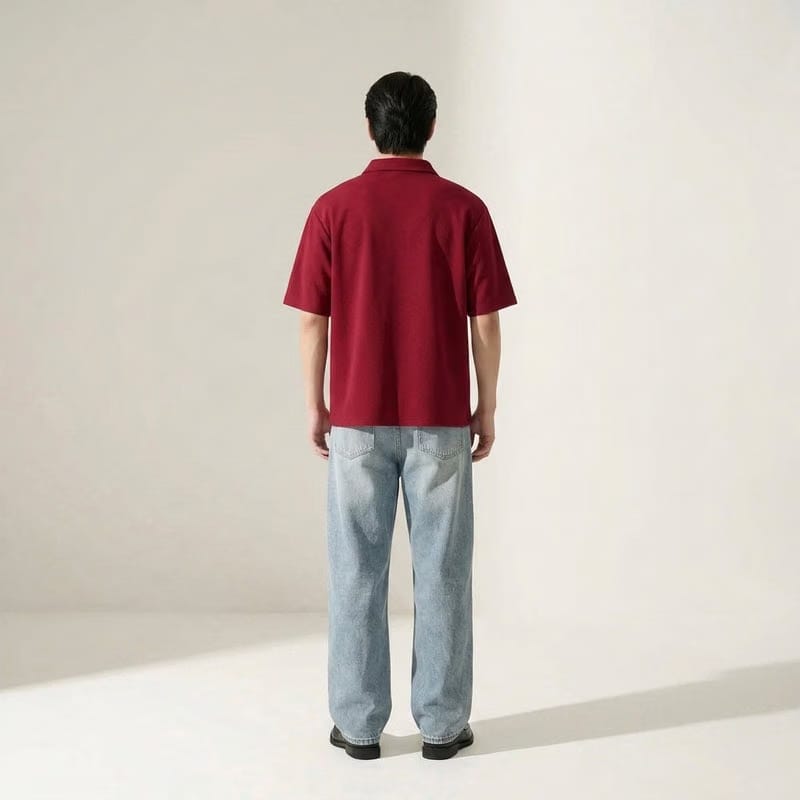 Be Autyst Raw Oversized Men Crimson Red Polo Quarter Zip T-Shirt