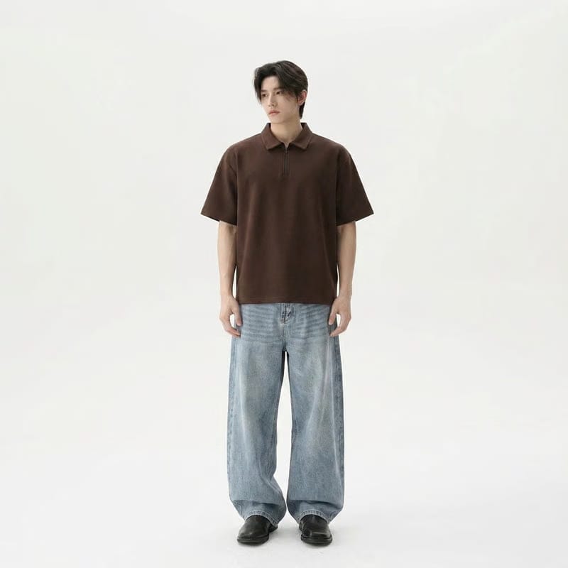 Be Autyst Raw Oversized Men Dark Brown Polo Quarter Zip T-Shirt