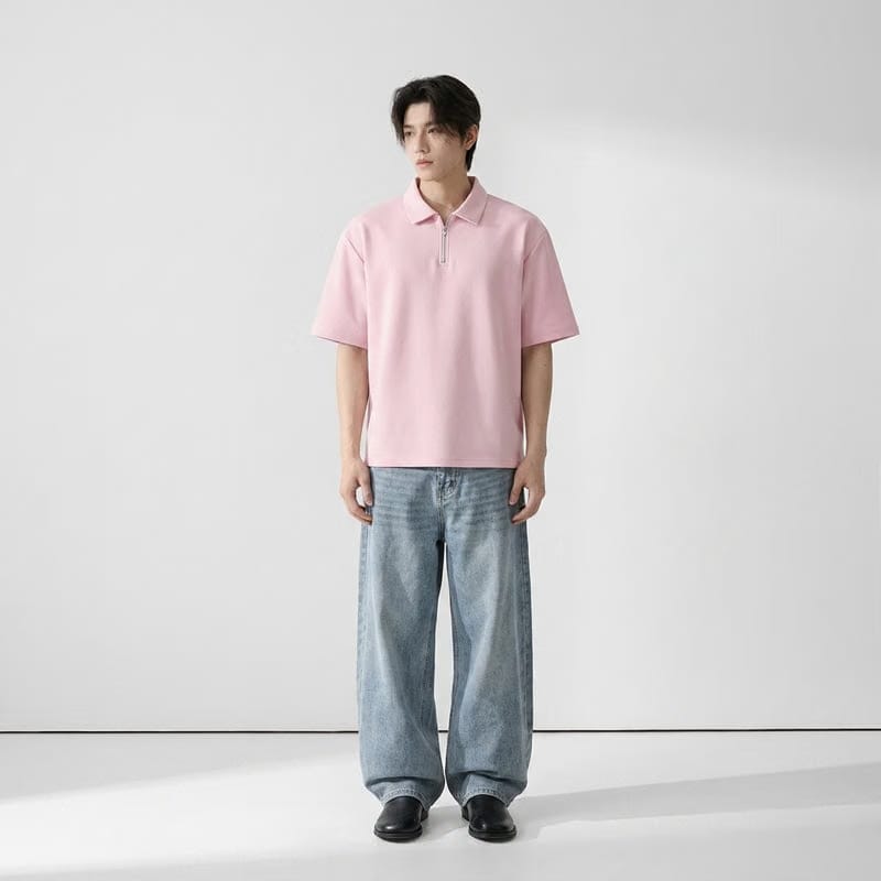 Be Autyst Raw Oversized Men Powder Pink Polo Quarter Zip T-Shirt Back