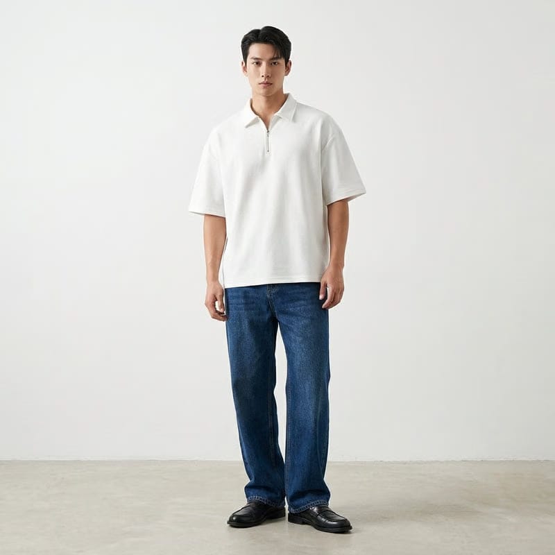 BE AUTYST RAW OVERSIZED MEN POWDER White POLO QUARTER ZIP T-SHIRT
