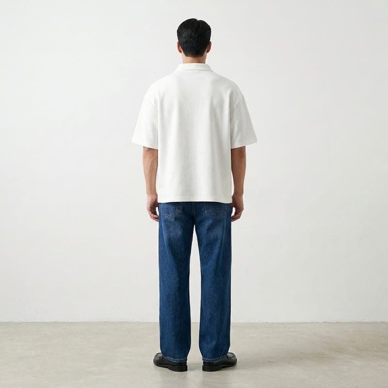 BE AUTYST RAW OVERSIZED MEN POWDER White POLO QUARTER ZIP T-SHIRT