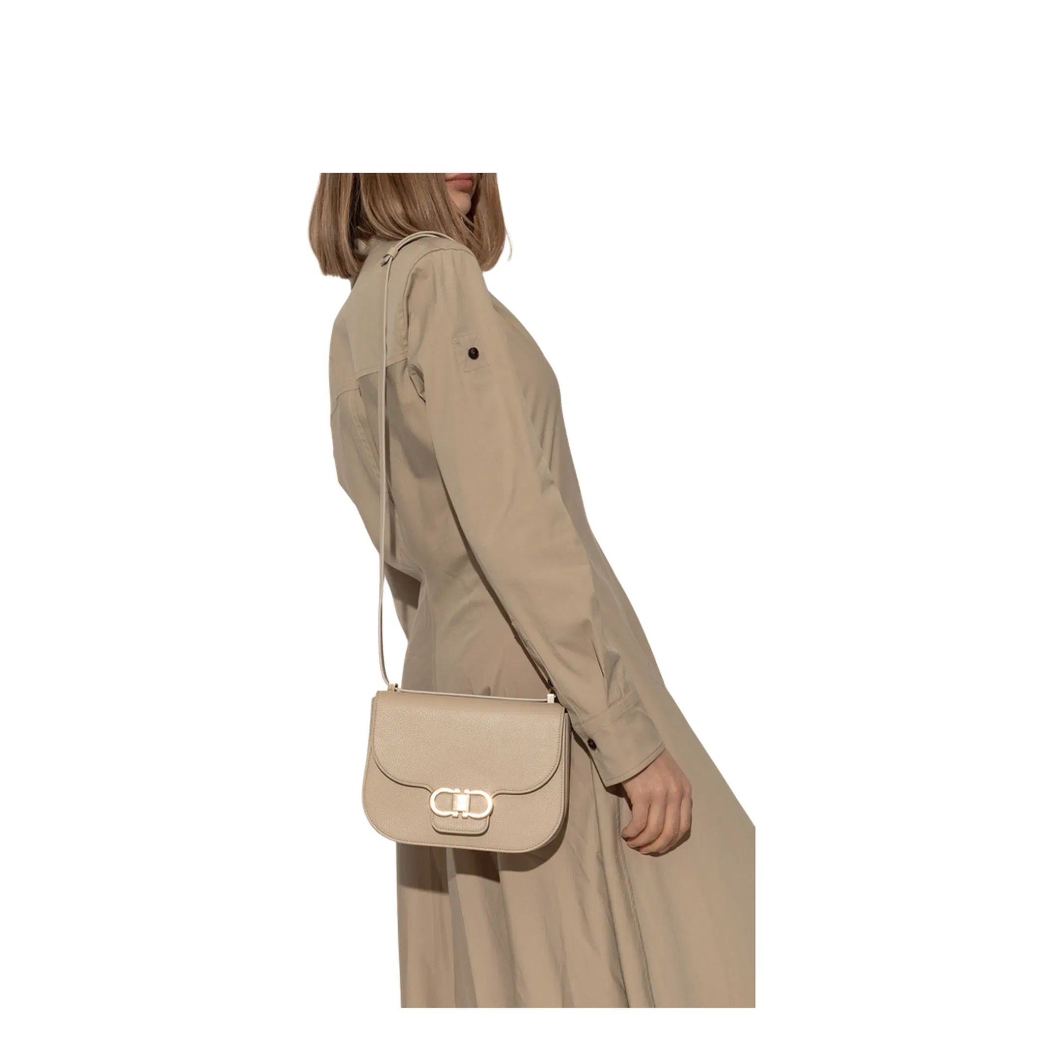 Double Gancini Shoulder Bag in Beige