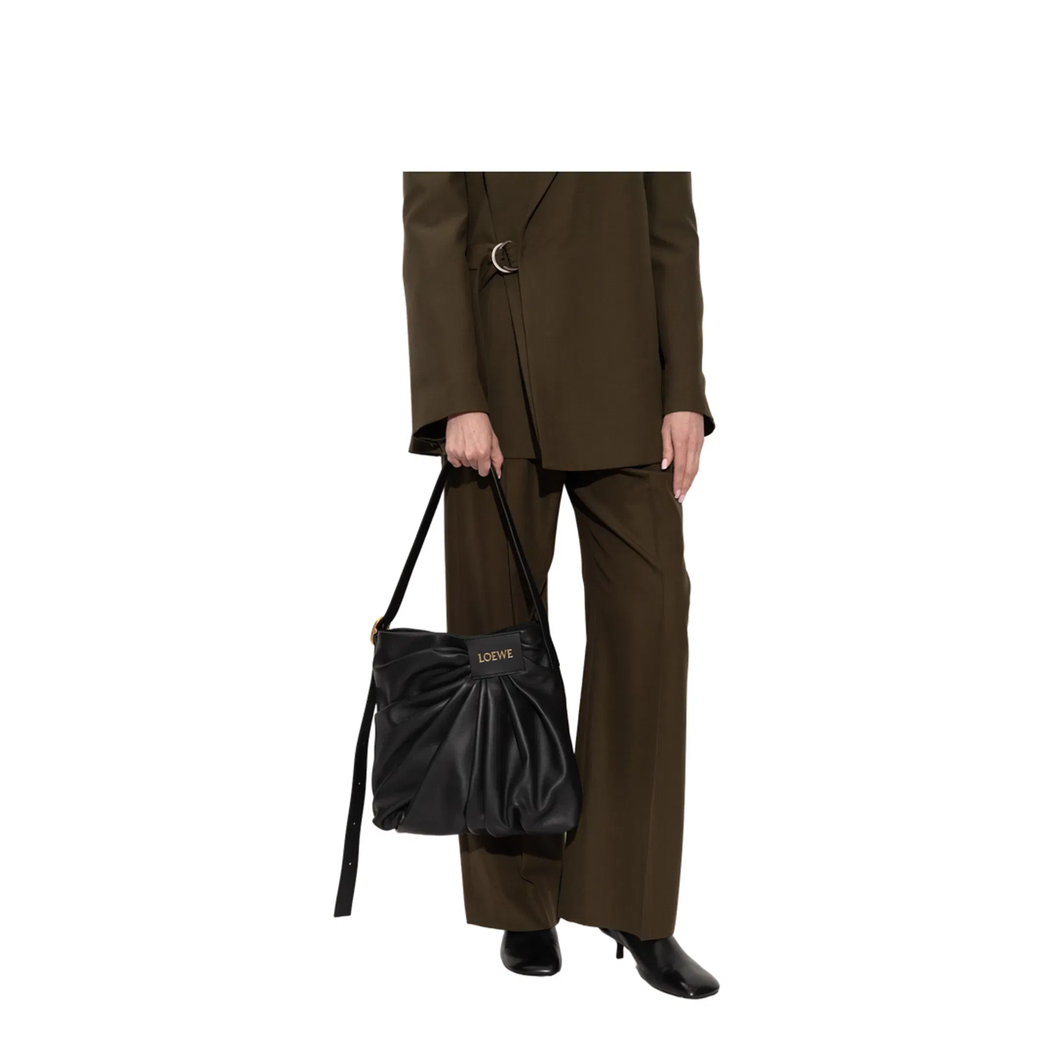 Draped Leather Tote Bag - Black
