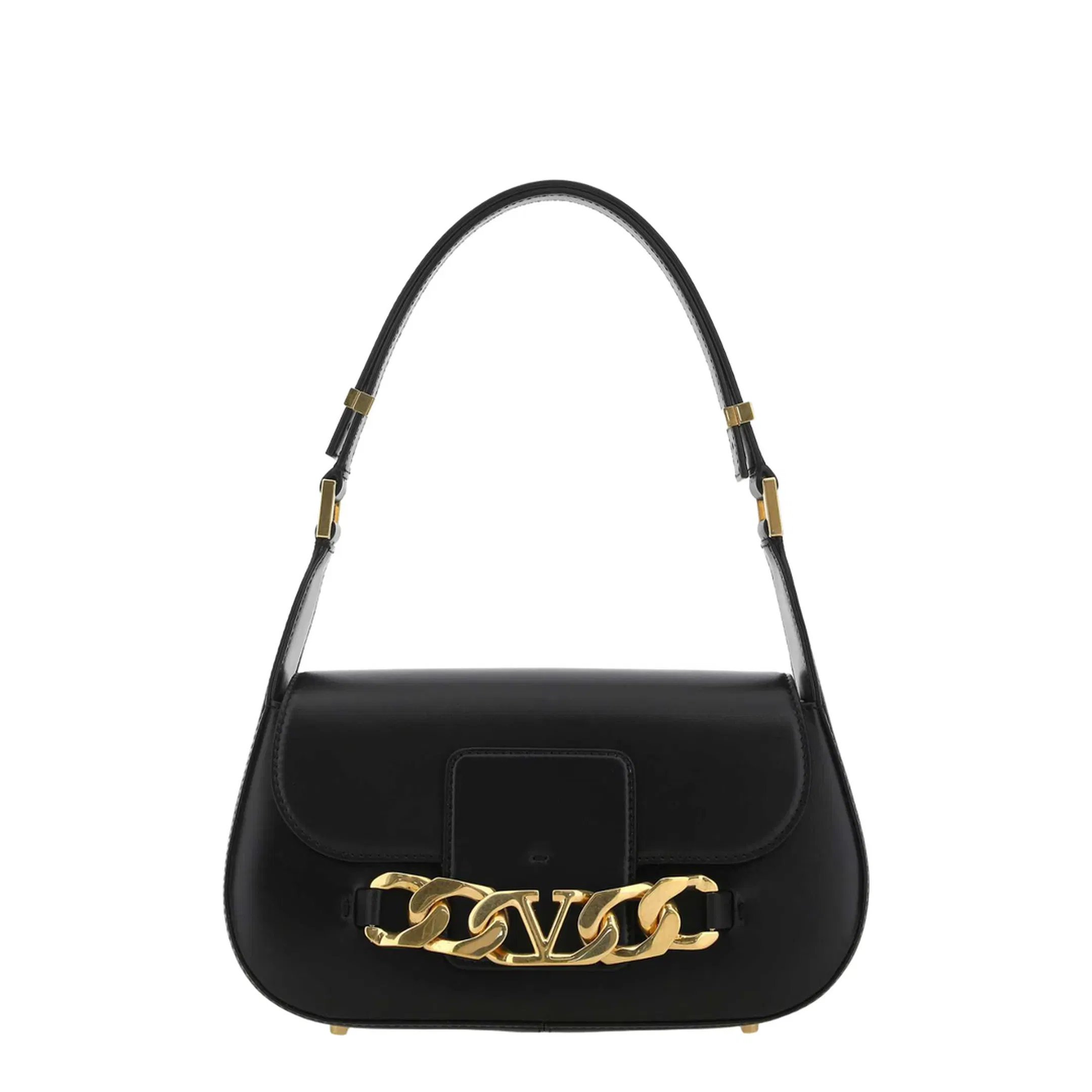 VLogo Chain Leather Shoulder Bag - Black