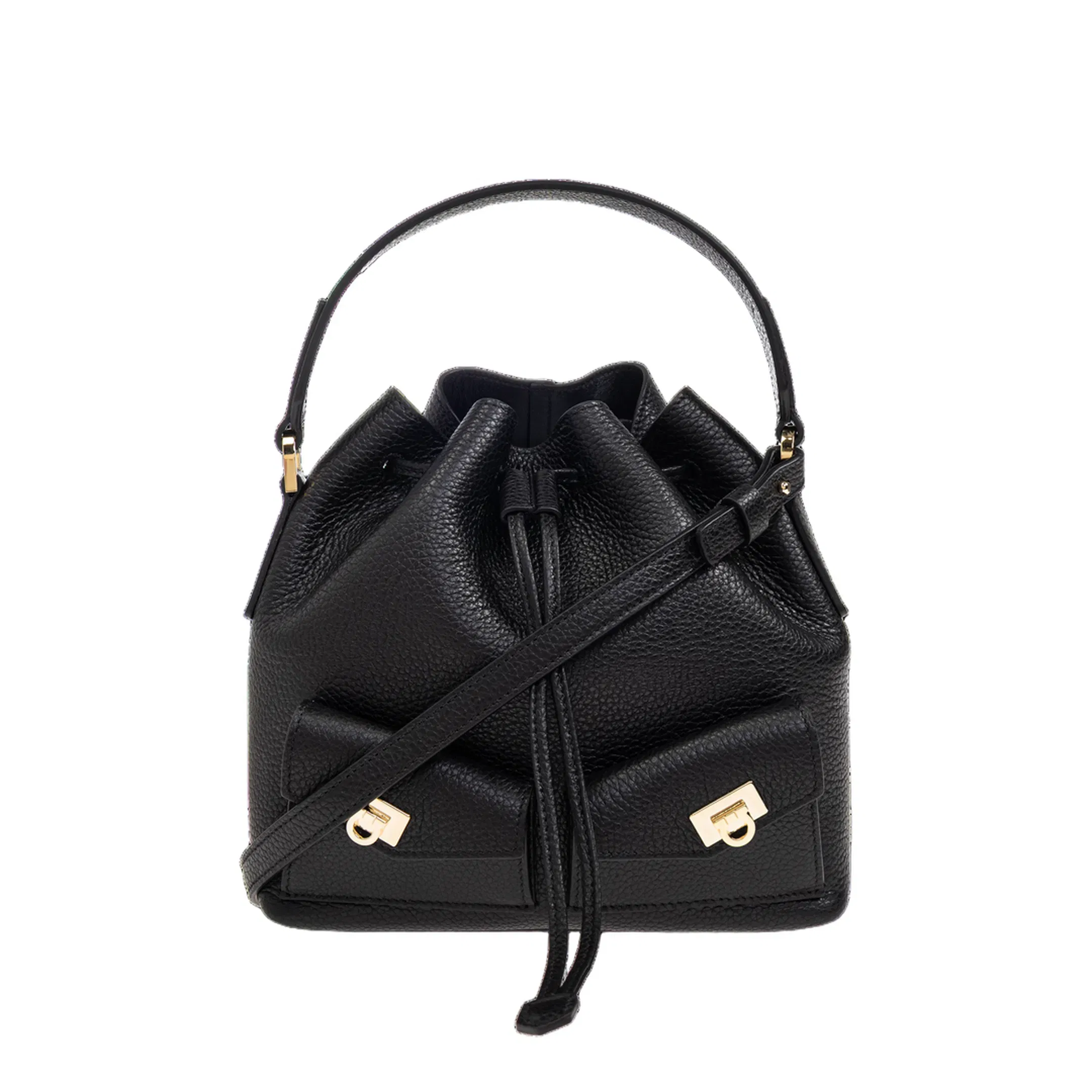 Multipocket Leather Bucket Bag - Black