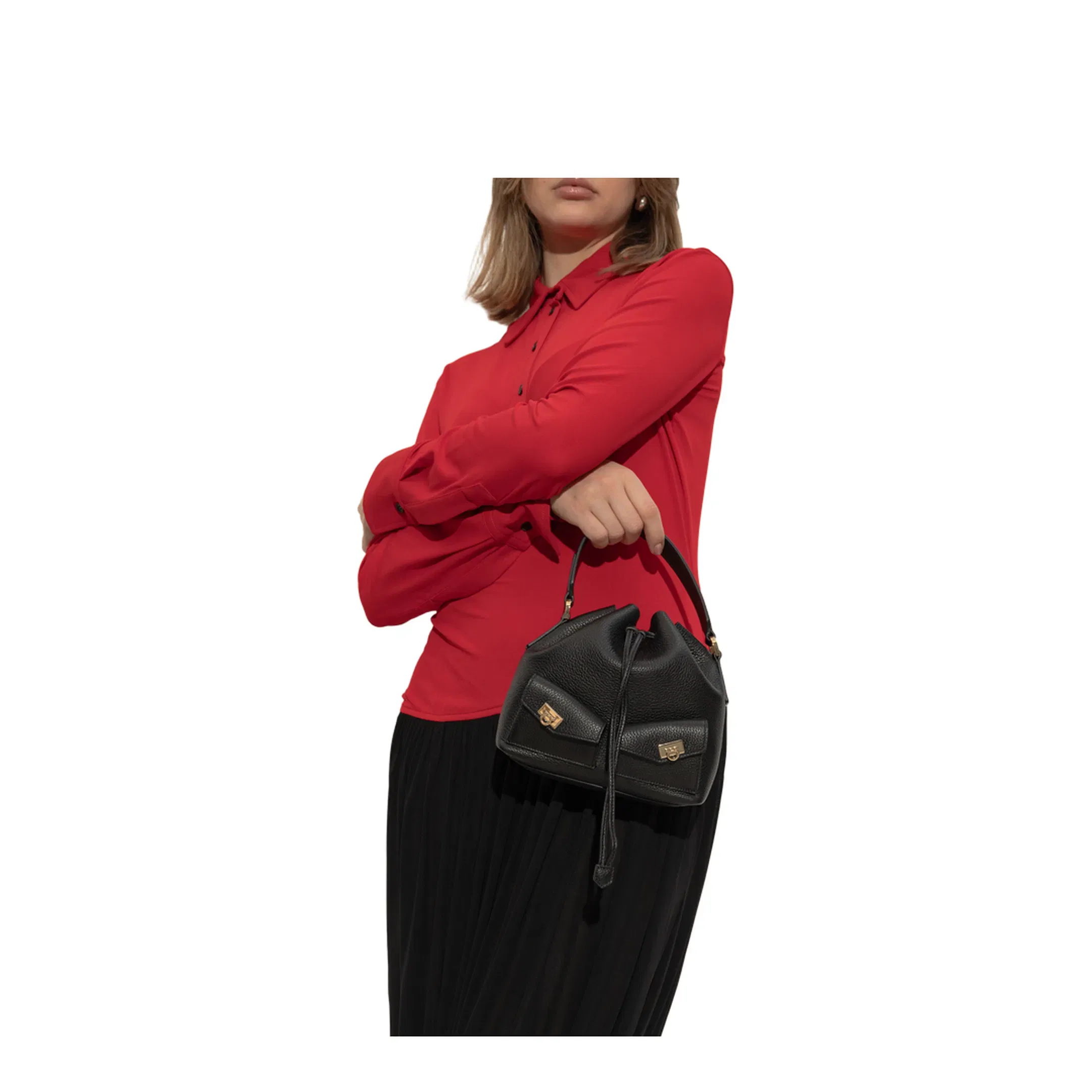 Multipocket Leather Bucket Bag - Black