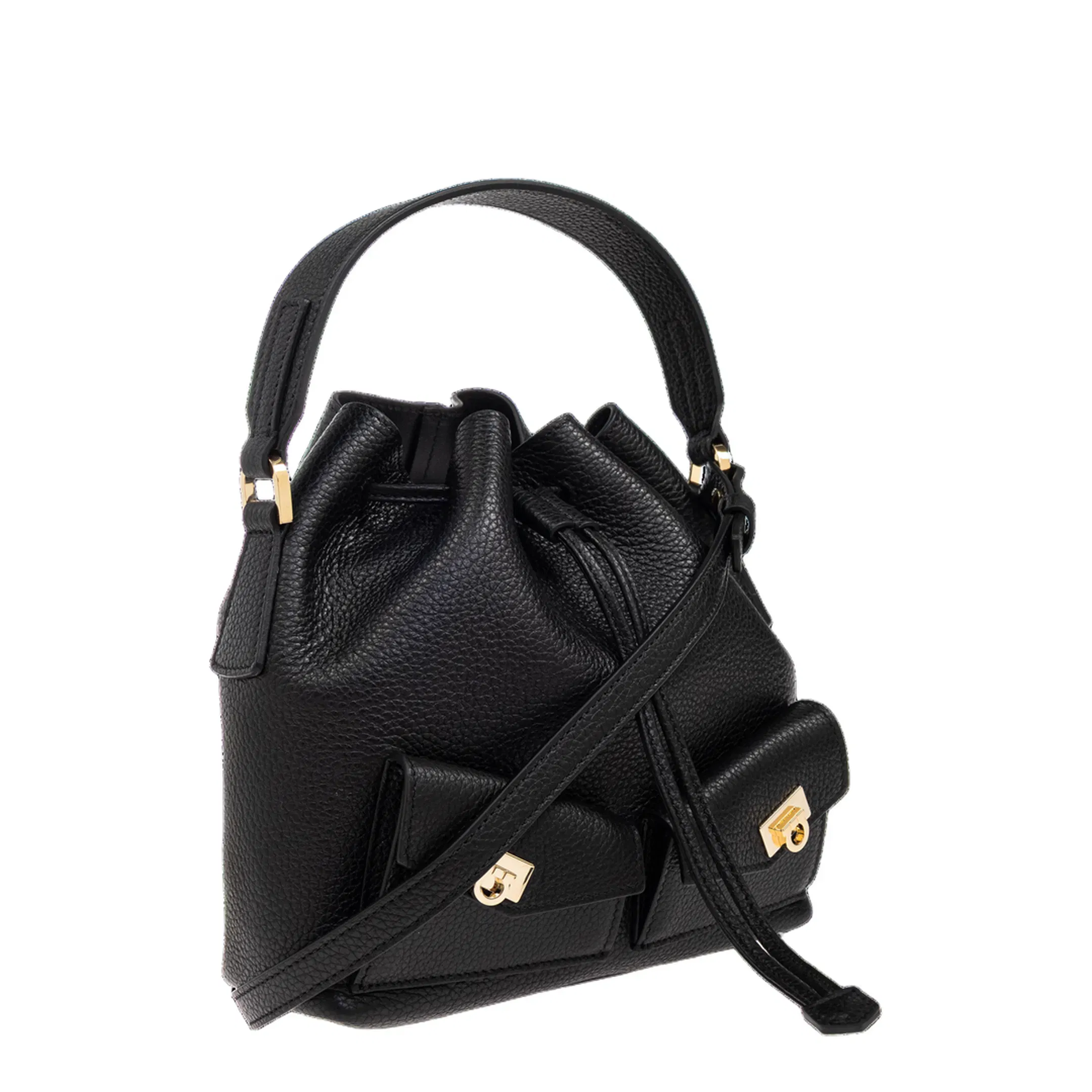 Multipocket Leather Bucket Bag - Black