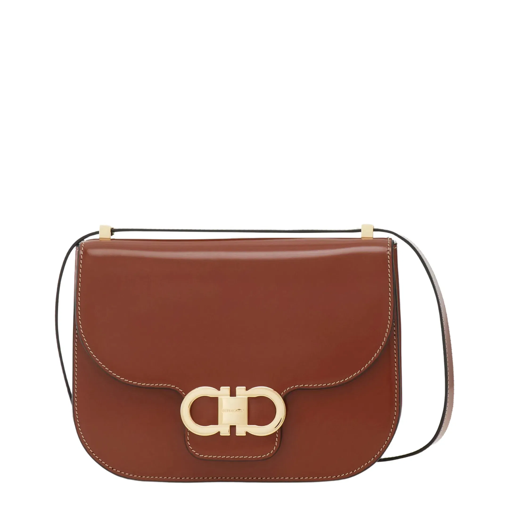 Double Gancini North-South Crossbody Bag - Dark Cognac