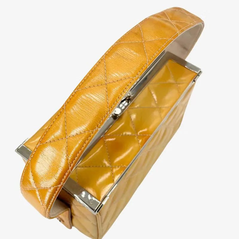 C562 - CHANEL Vintage Yellow Patent Leather Quilted Mini Metal Box Bag