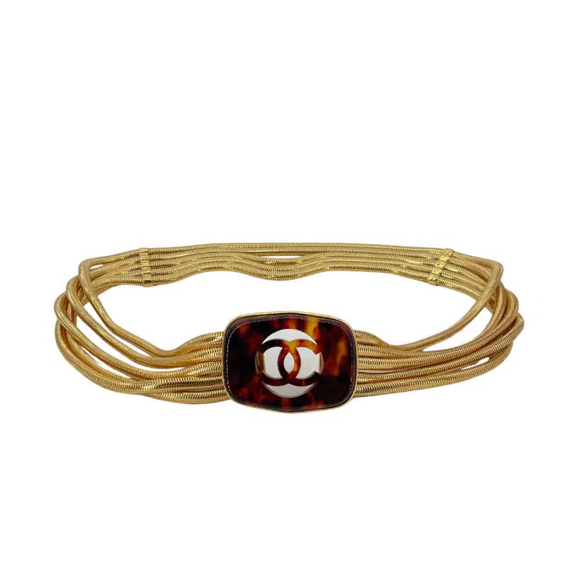 C545 - CHANEL Gold Gold-Mesh Multi Strand Chain Tortoise CC Logo Spring Belt