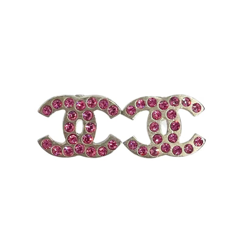 RE132 - CHANEL Matte Silver Pink Crystal CC Logo Earrings