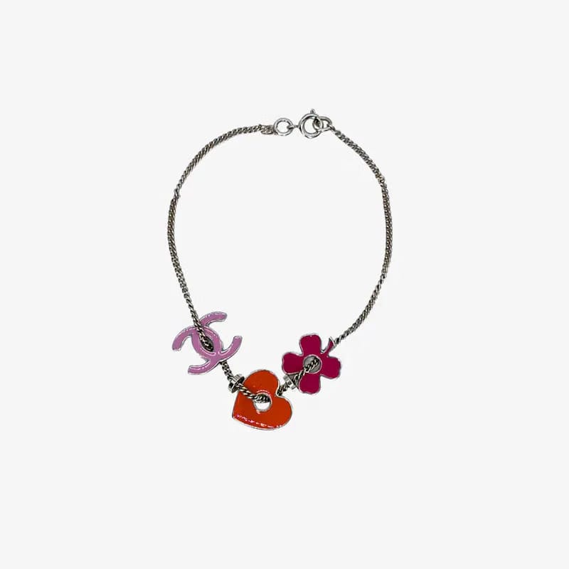 C515 - Coco Mark Heart Clover Sliver Pink Red Ladies Silvery Bracelet