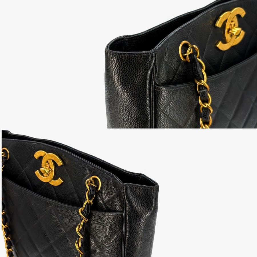 JAH234 - CHANEL Vintage Black Caviar Leather Big CC Turnlock Tote Bag
