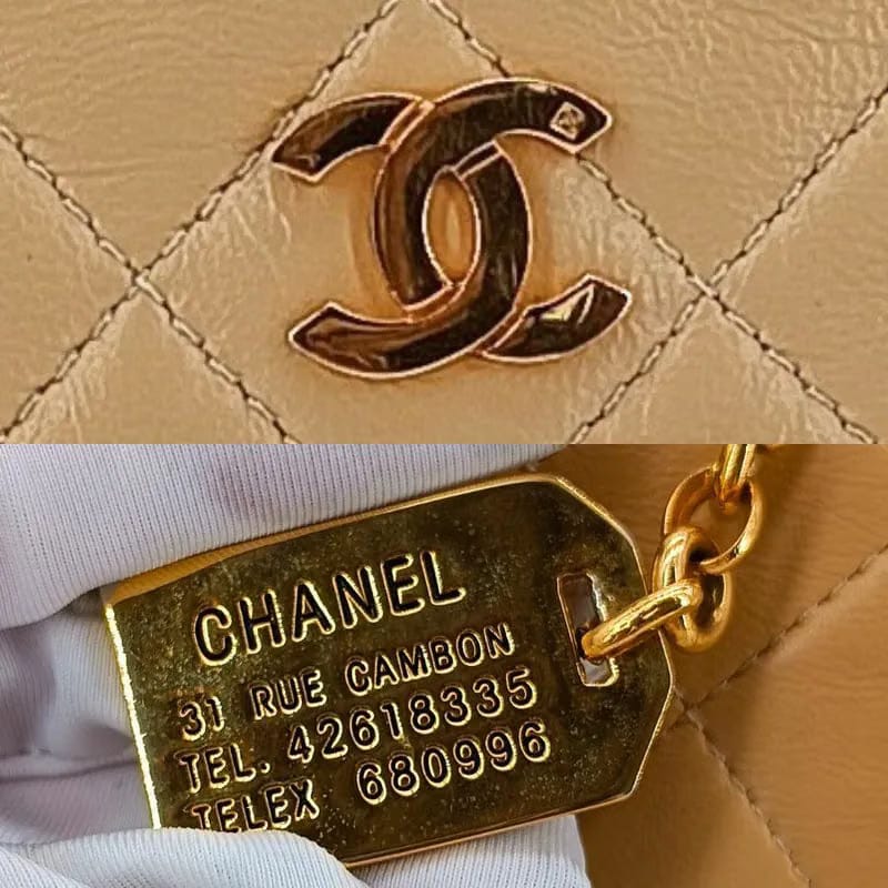 JT968 - CHANEL Vintage Beige Lambskin Double-Lock Flap Bag