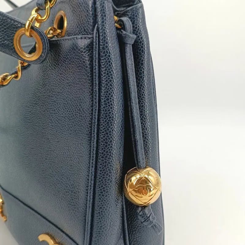 RA382 - CHANEL Vintage Navy Caviar Leather Triple CC Tote Bag