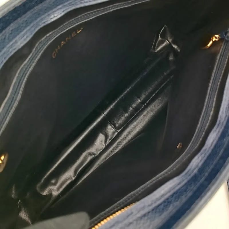RA382 - CHANEL Vintage Navy Caviar Leather Triple CC Tote Bag