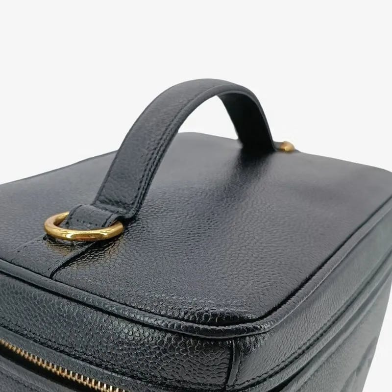 RA547 - CHANEL Vintage Black Caviar Embossed Logo Cosmetic Bag