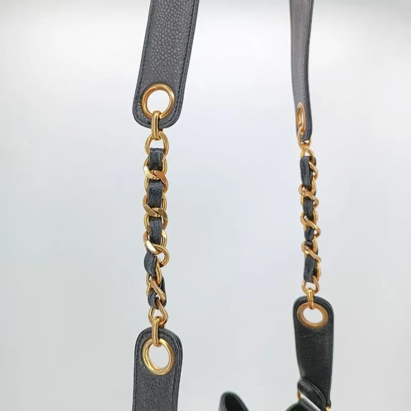 RA522 - CHANEL Vintage Black Caviar Leather Gold Ball Bucket Bag