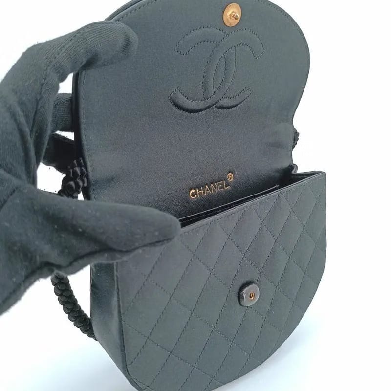 JT582 - CHANEL Vintage Black Satin Gripoix Quilted Half Moon Flap Bag