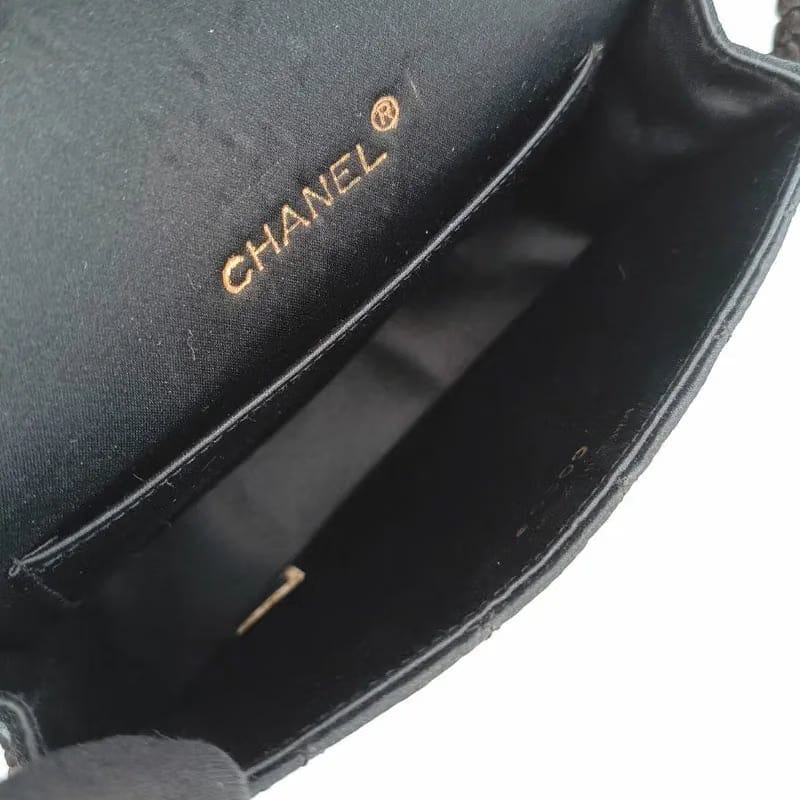JT582 - CHANEL Vintage Black Satin Gripoix Quilted Half Moon Flap Bag