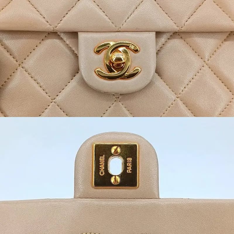 RA141 - CHANEL Vintage Beige Lambskin 20cm Mini Square Flap Bag