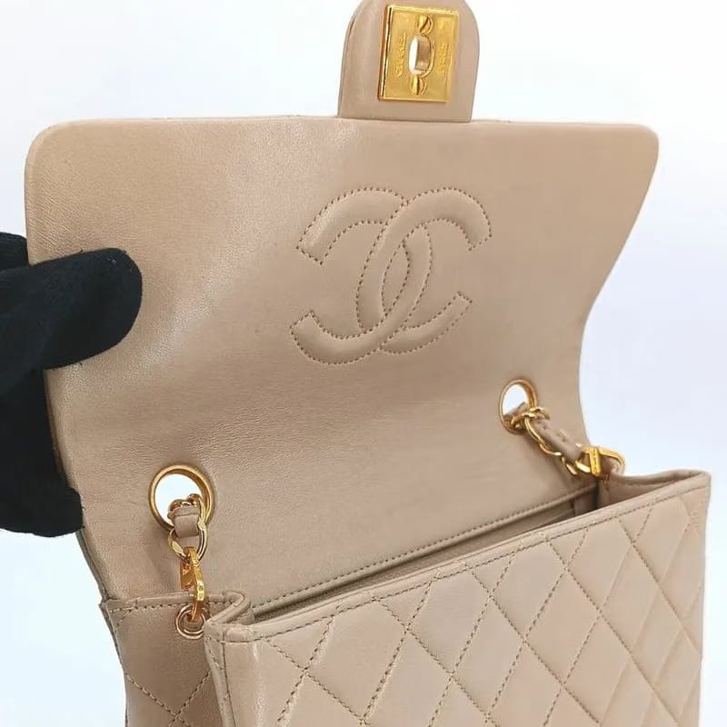 RA141 - CHANEL Vintage Beige Lambskin 20cm Mini Square Flap Bag