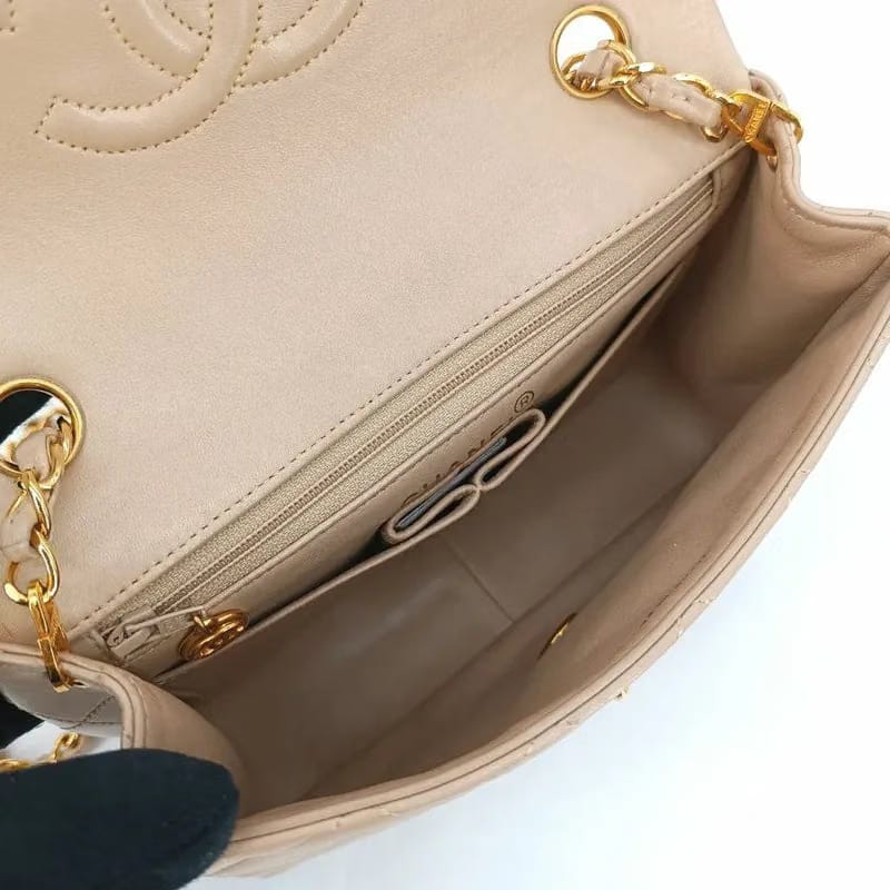 RA141 - CHANEL Vintage Beige Lambskin 20cm Mini Square Flap Bag