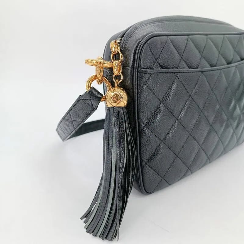 RA065 - CHANEL Vintage Black Caviar Leather Quilted Camera Bag