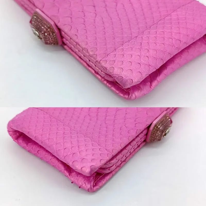 C350 - CHANEL Pink Snakeskin Rhinestone Clasp Clutch Bag