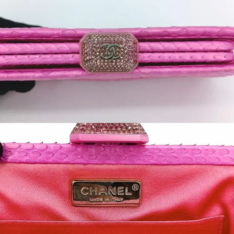 C350 - CHANEL Pink Snakeskin Rhinestone Clasp Clutch Bag