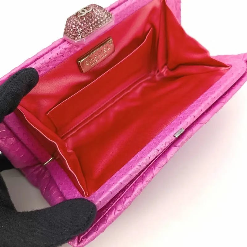 C350 - CHANEL Pink Snakeskin Rhinestone Clasp Clutch Bag