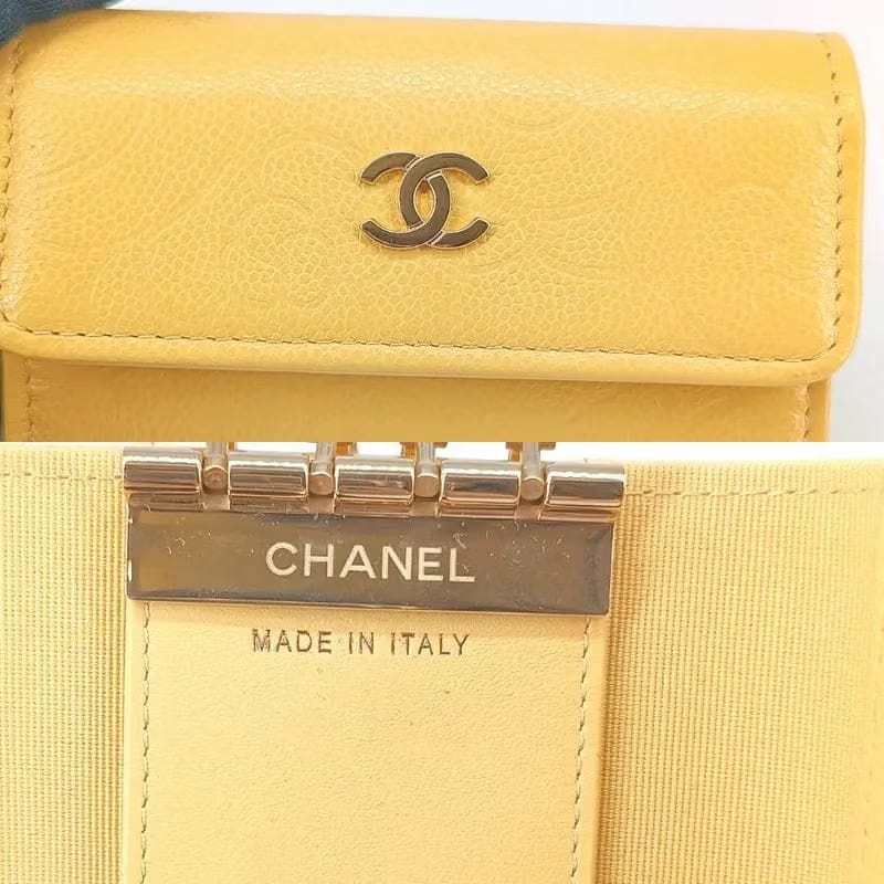 JT400 - CHANEL Yellow Caviar Leather Camellia Flap 4 Key Holder