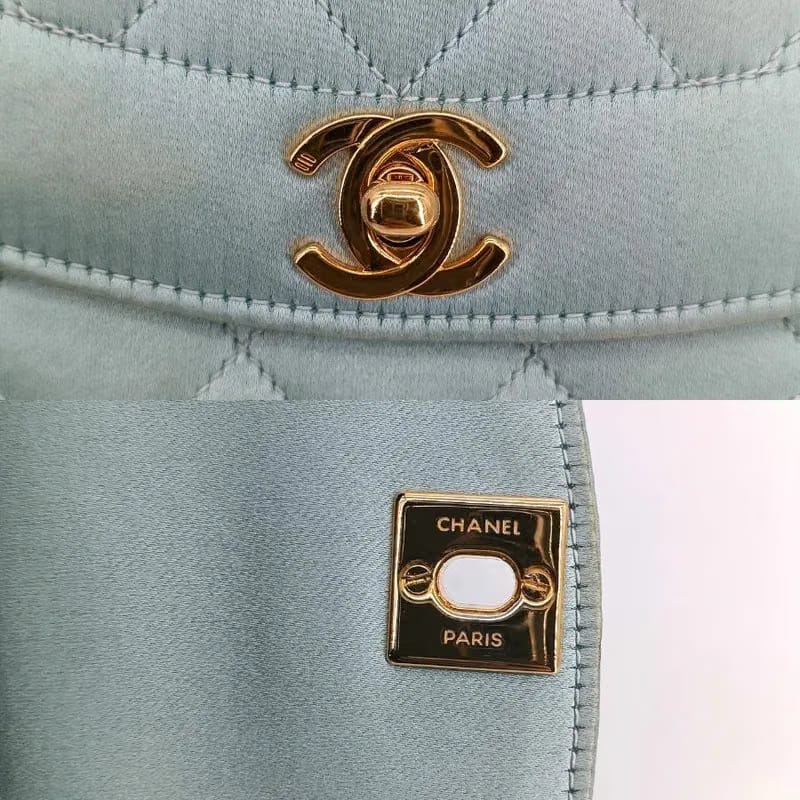 JS711 - CHANEL Vintage Light Blue Satin Gold Chain 19cm Diana Flap Bag