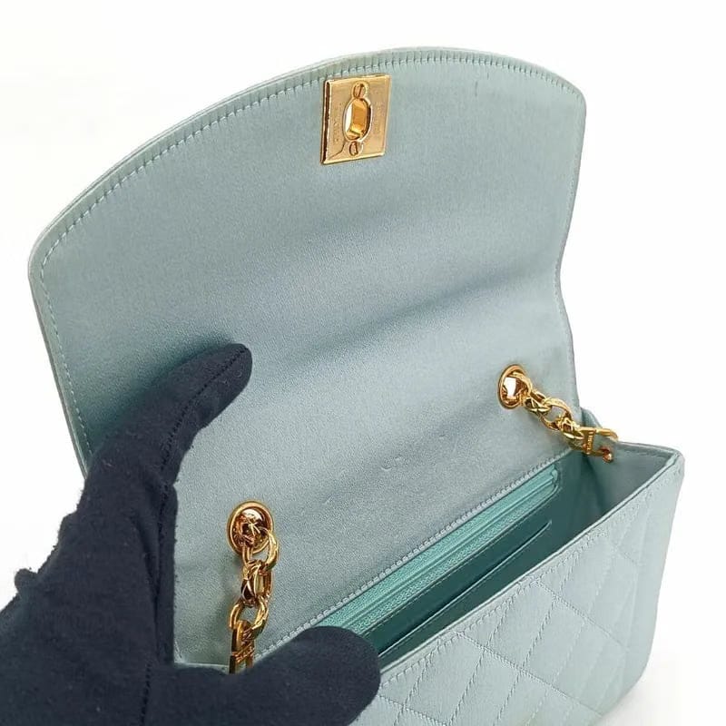 JS711 - CHANEL Vintage Light Blue Satin Gold Chain 19cm Diana Flap Bag