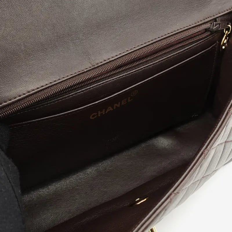C142 - CHANEL Vintage Brown Lambskin Qulited Handle Bag Set