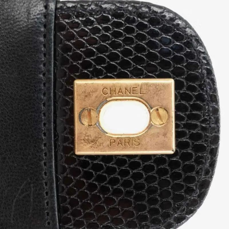 JQ960 - CHANEL Vintage Black Lizard Skin 23cm Classic Flap Bag