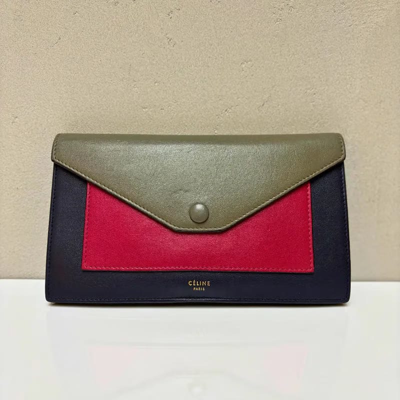 JA883 - CELINE Vintage Black / Burgundy / Gray Caviar Leather Long Flap Wallet